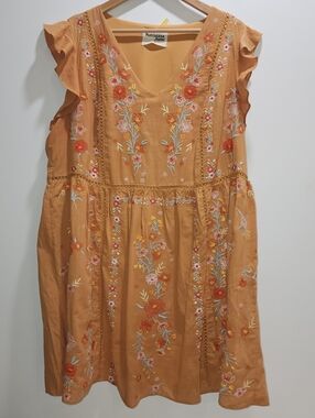 Savanna Jane Mustard Yellow Embroidered Flutter-Sleeve Dress Size 1x